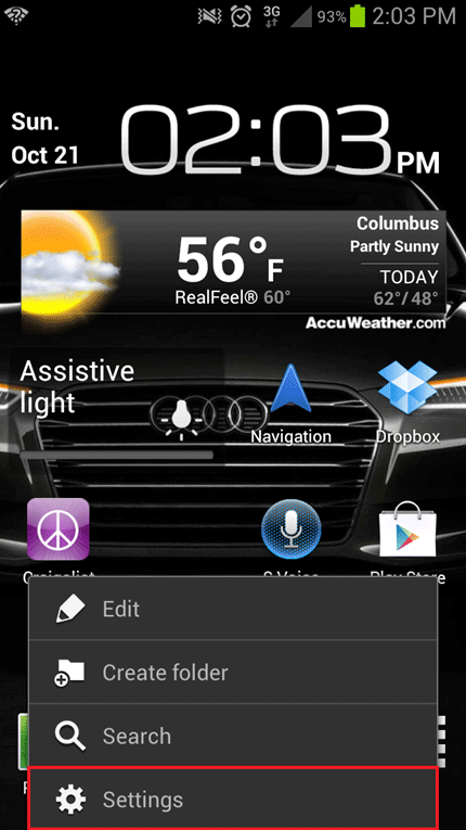 Samsung Galaxy S3 Home Screen, Settings